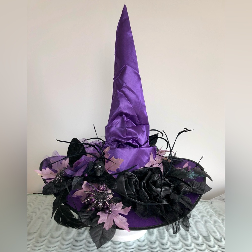 Witch hat purple black satin feathered Victorian witch hat Silk flowers, spiders